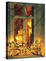 Wrought Iron Railing with Christmas Decorations, Baccarat Museum Shop and Restaurant-Per Karlsson-Stretched Canvas