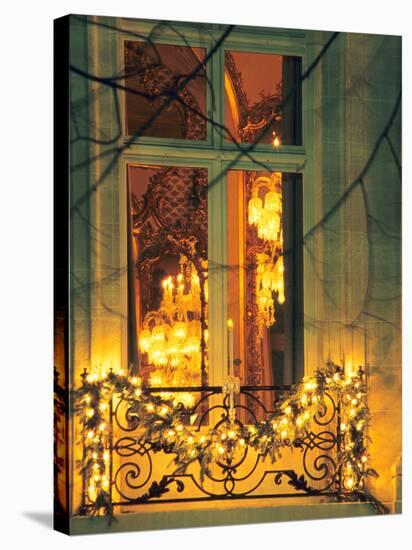 Wrought Iron Railing with Christmas Decorations, Baccarat Museum Shop and Restaurant-Per Karlsson-Stretched Canvas