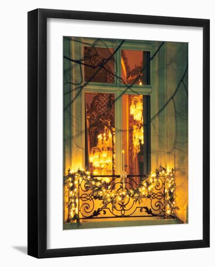 Wrought Iron Railing with Christmas Decorations, Baccarat Museum Shop and Restaurant-Per Karlsson-Framed Photographic Print