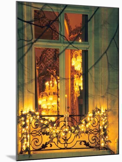 Wrought Iron Railing with Christmas Decorations, Baccarat Museum Shop and Restaurant-Per Karlsson-Mounted Photographic Print