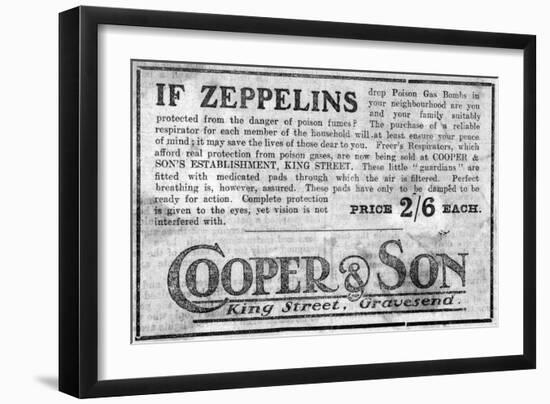 WW1 - Ad for Repirators - Threat of Gas Attack by Zeppelins-null-Framed Art Print