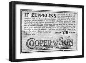 WW1 - Ad for Repirators - Threat of Gas Attack by Zeppelins-null-Framed Art Print