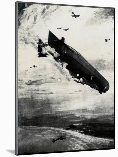 WW1 - Commodore Bigsworth Drops Bombs on Zeppelin, 1915-Donald Maxwell-Mounted Art Print
