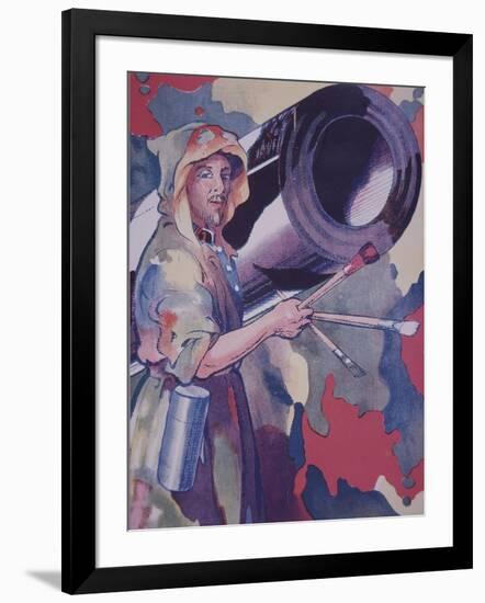 Ww1 French Military Camouflage Artist - a Camoufleur - Paints the Barrel of an Artillery Piece-null-Framed Giclee Print