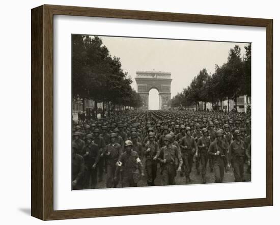 WW2 American Soldiers Marching During the Liberation of Paris, Aug. 26, 1944-null-Framed Photo