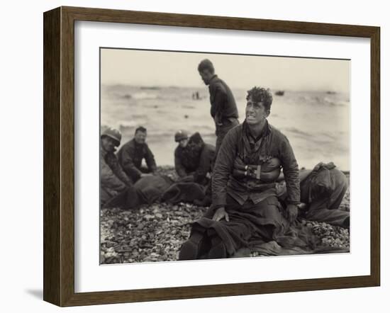 WW2 American Soldiers on Omaha Beach Recovering the Dead after the D-Day, 1944-null-Framed Photo