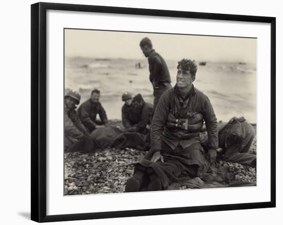 WW2 American Soldiers on Omaha Beach Recovering the Dead after the D-Day, 1944-null-Framed Photo