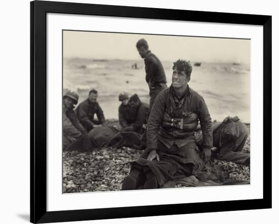 WW2 American Soldiers on Omaha Beach Recovering the Dead after the D-Day, 1944-null-Framed Photo