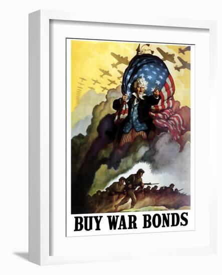 WWII Poster of Uncle Sam Holding An American Flag And Urging Troops Into Battle-Stocktrek Images-Framed Photographic Print