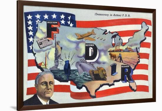 WWII Promotion - Democracy in Action, FDR by US Flag-Lantern Press-Framed Art Print