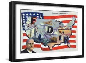 WWII Promotion - Democracy in Action, FDR by US Flag-Lantern Press-Framed Art Print