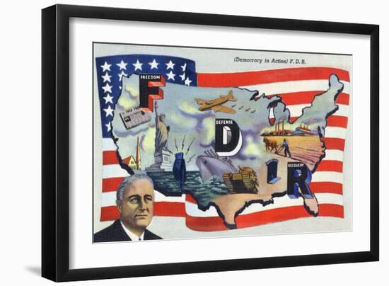 WWII Promotion - Democracy in Action, FDR by US Flag-Lantern Press-Framed Art Print