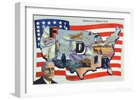 WWII Promotion - Democracy in Action, FDR by US Flag-Lantern Press-Framed Art Print