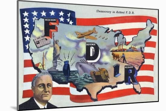 WWII Promotion - Democracy in Action, FDR by US Flag-Lantern Press-Mounted Art Print