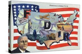 WWII Promotion - Democracy in Action, FDR by US Flag-Lantern Press-Stretched Canvas