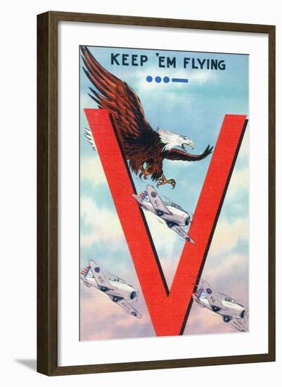 WWII Promotion - Keep 'em Flying, Eagle Flying with Planes-Lantern Press-Framed Art Print