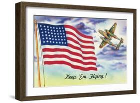 WWII Promotion - Keep 'em Flying, US Flag and Bomber-Lantern Press-Framed Art Print