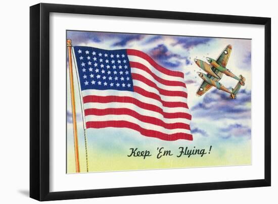 WWII Promotion - Keep 'em Flying, US Flag and Bomber-Lantern Press-Framed Art Print