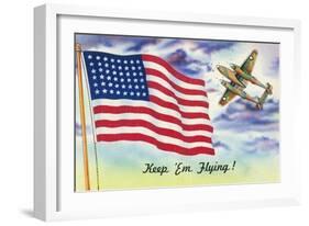 WWII Promotion - Keep 'em Flying, US Flag and Bomber-Lantern Press-Framed Art Print