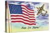 WWII Promotion - Keep 'em Flying, US Flag and Bomber-Lantern Press-Stretched Canvas