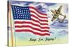 WWII Promotion - Keep 'em Flying, US Flag and Bomber-Lantern Press-Stretched Canvas