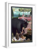 Wyoming - Bear and Picnic Scene-Lantern Press-Framed Art Print