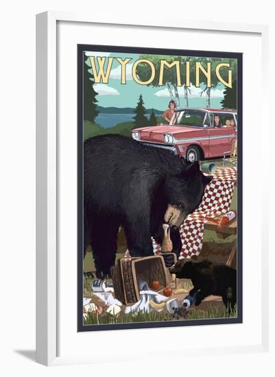 Wyoming - Bear and Picnic Scene-Lantern Press-Framed Art Print