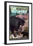 Wyoming - Bear and Picnic Scene-Lantern Press-Framed Art Print