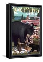 Wyoming - Bear and Picnic Scene-Lantern Press-Framed Stretched Canvas