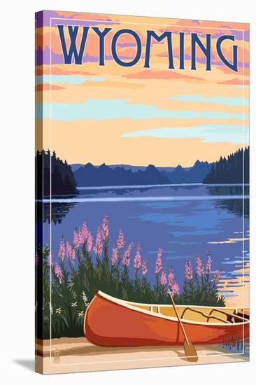 Wyoming - Canoe and Lake-Lantern Press-Stretched Canvas