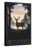 Wyoming - Deer and Sunrise-Lantern Press-Stretched Canvas