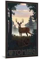Wyoming - Deer and Sunrise-Lantern Press-Mounted Art Print