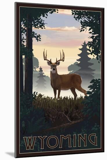 Wyoming - Deer and Sunrise-Lantern Press-Mounted Art Print