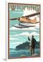 Wyoming - Float Plane and Fisherman-Lantern Press-Framed Art Print