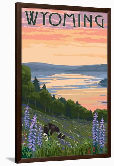 Wyoming - Lake and Bear Family-Lantern Press-Framed Art Print