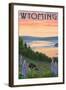 Wyoming - Lake and Bear Family-Lantern Press-Framed Art Print