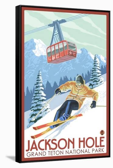 Wyoming Skier and Tram, Jackson Hole-Lantern Press-Framed Stretched Canvas