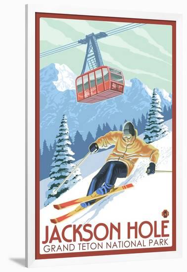 Wyoming Skier and Tram, Jackson Hole-Lantern Press-Framed Art Print