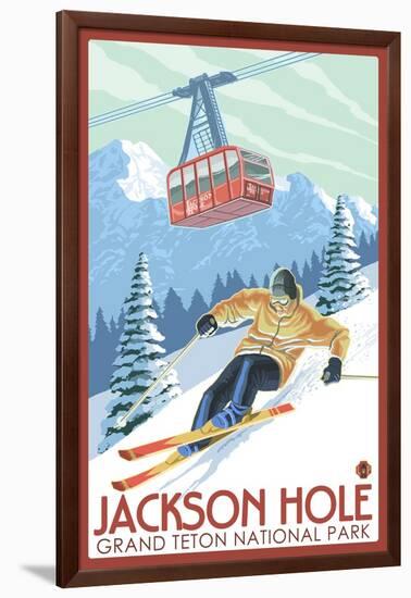 Wyoming Skier and Tram, Jackson Hole-Lantern Press-Framed Art Print