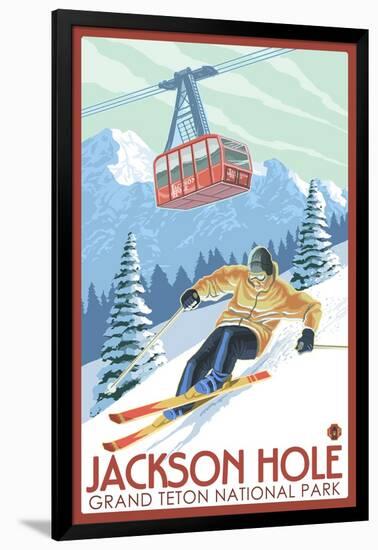 Wyoming Skier and Tram, Jackson Hole-Lantern Press-Framed Art Print