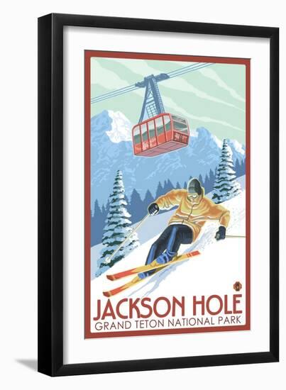 Wyoming Skier and Tram, Jackson Hole-Lantern Press-Framed Art Print