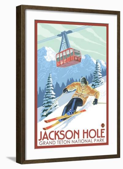 Wyoming Skier and Tram, Jackson Hole-Lantern Press-Framed Art Print