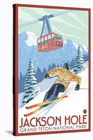 Wyoming Skier and Tram, Jackson Hole-Lantern Press-Stretched Canvas