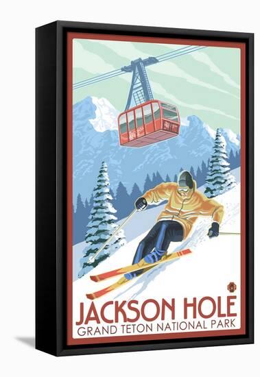 Wyoming Skier and Tram, Jackson Hole-Lantern Press-Framed Stretched Canvas