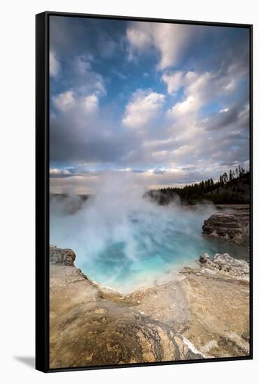 Wyoming, Yellowstone National Park. Clouds and Steam Converging at Excelsior Geyser-Judith Zimmerman-Framed Stretched Canvas