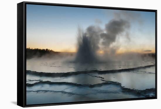 Wyoming, Yellowstone National Park. Eruption of Fountain Geyser after Sunset-Judith Zimmerman-Framed Stretched Canvas