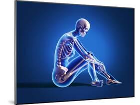 X-Ray View of a Woman Sitting on Floor with Skeletal Bones Superimposed-null-Mounted Art Print
