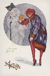 New Year's Card with a Girl and a Snowman (Colour Litho)-Xavier Sager-Framed Giclee Print