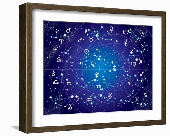 XII Constellations of Zodiac (Ultraviolet Blueprint Version)-Green Ocean-Framed Art Print