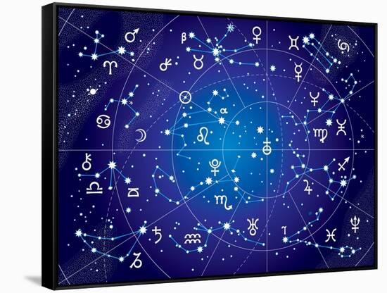 XII Constellations of Zodiac (Ultraviolet Blueprint Version)-Green Ocean-Framed Stretched Canvas